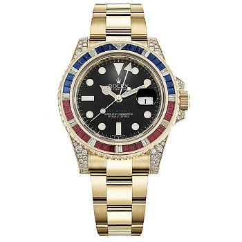 Rolex GMT-Master II Yellow Gold Diamonds Sapphires Rubies Black Dial 116758 SARU